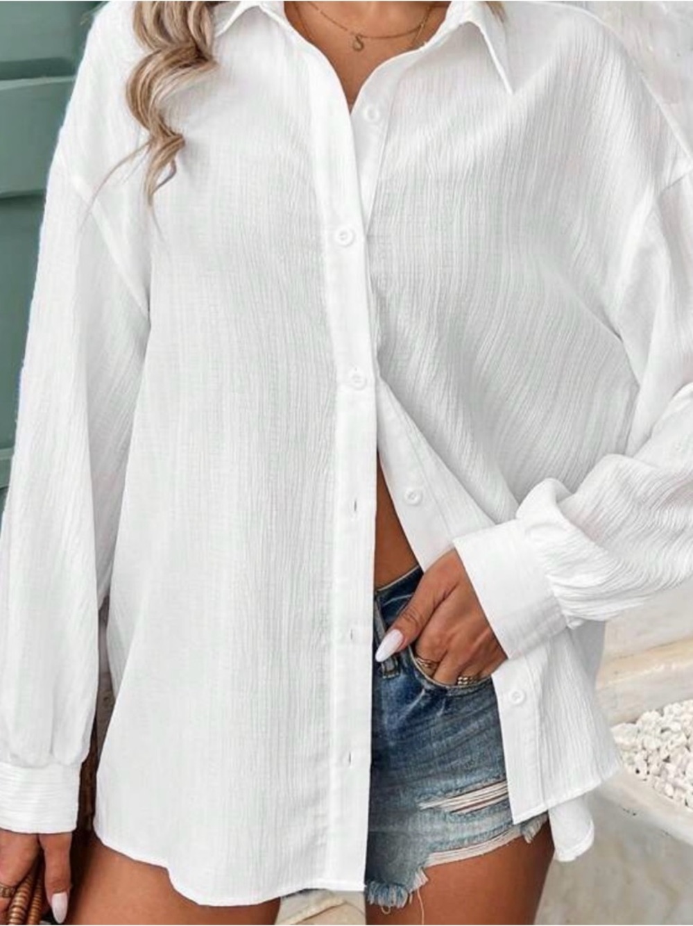 Women’s White Button-Up Textured Shirt - Casual Classic
